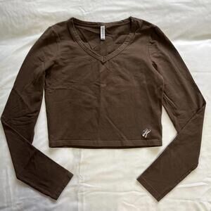 Joshua Perets brown cotton long sleeve V neck shirt cropped Size M